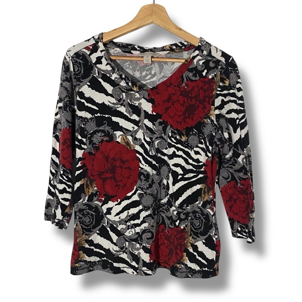 LAURA ASHELY VTG Dark Feminine Floral 3/4 Sleeve Top